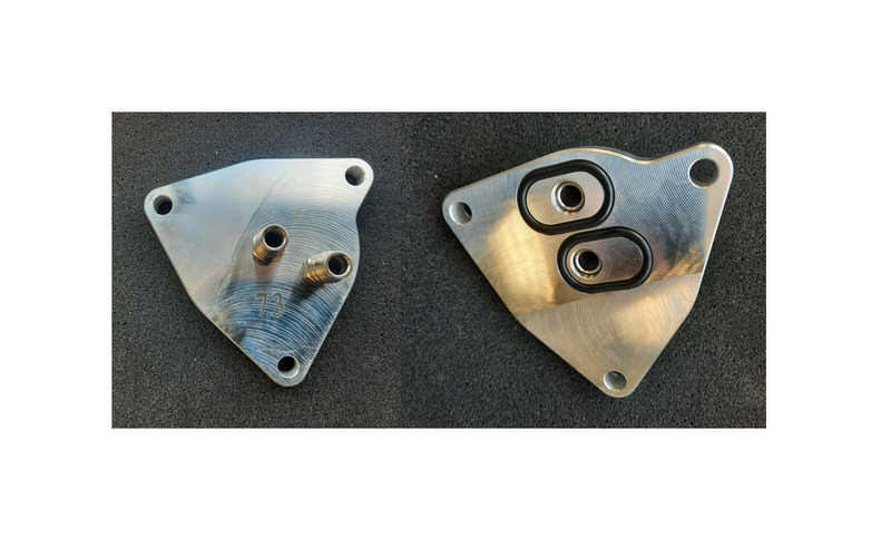 MAHLE-Anschlussadapter Nr. 73, Vorder- und Rückseite, gefräste Aluminiumplatte