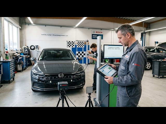 Szene aus dem ersten Werkzeug-DIENSTag: Bosch ADAS-Kalibrierung an einem VW Golf in der Werkstatt